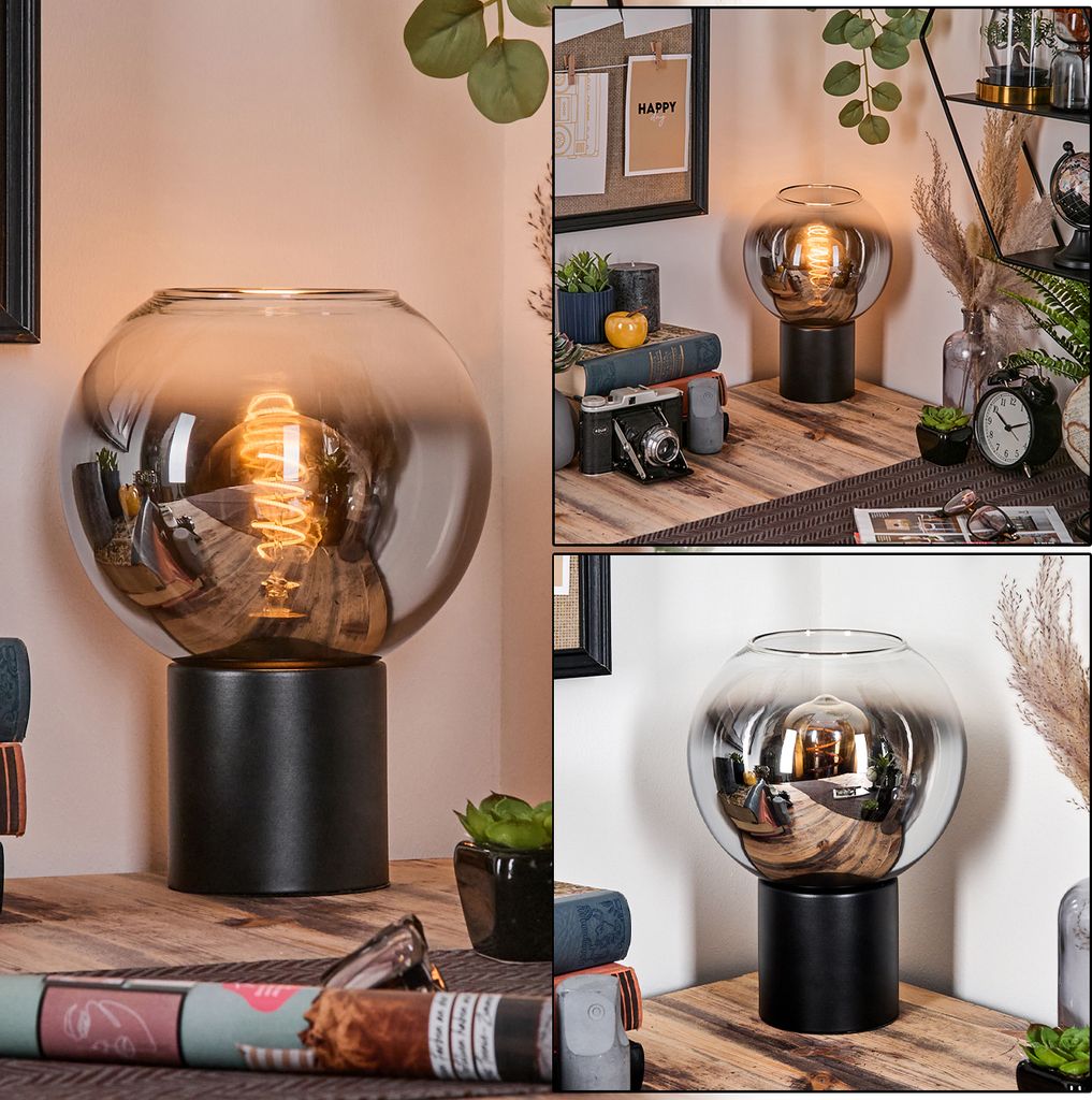 Cesaro Tischlampe aus Metall/Glas in Schwarz/Chrom-/Rauchfarben/Klar