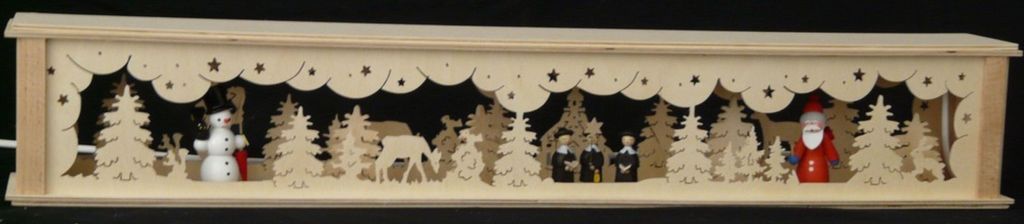 Schwibbogenerhöhung mit Schneemann Weihnachtsmann Kurrende und Beleuchtung BxHxT 72x10x10cm NEU