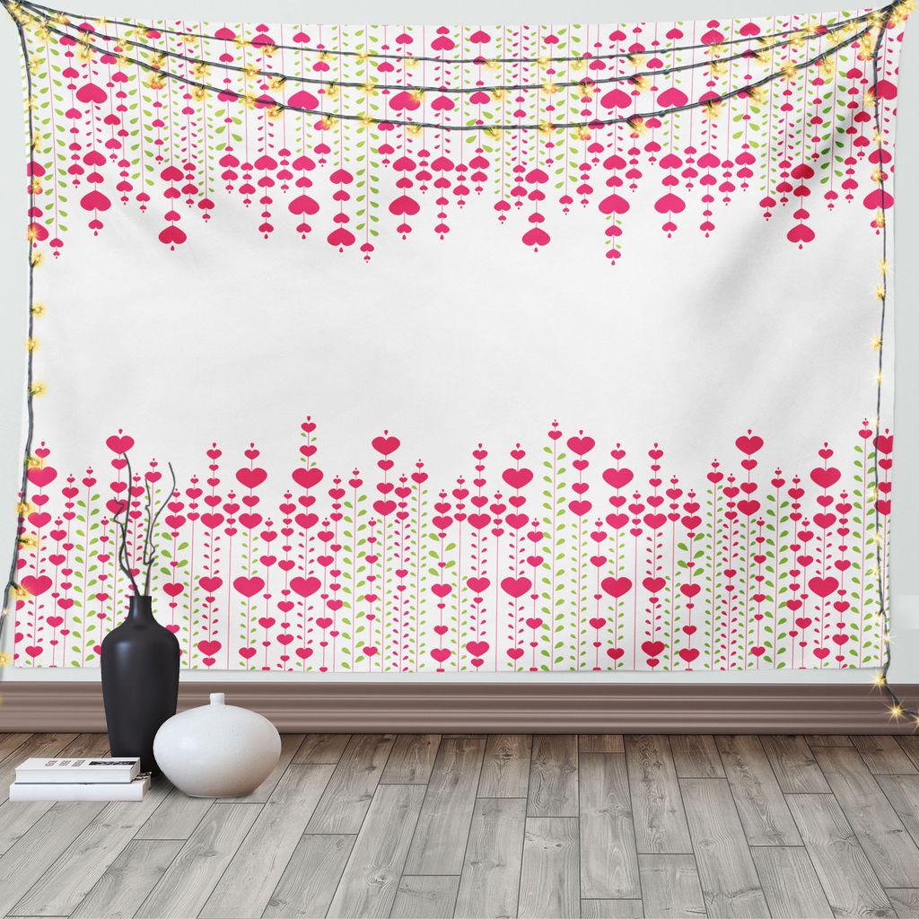 ABAKUHAUS Valentines Wandteppich, Herz-Blätter Blumen, Wohnzimmer Schlafzimmer Wandtuch Seidiges Satin Wandteppich, 150 x 100 cm, Magenta Grün Weiß
