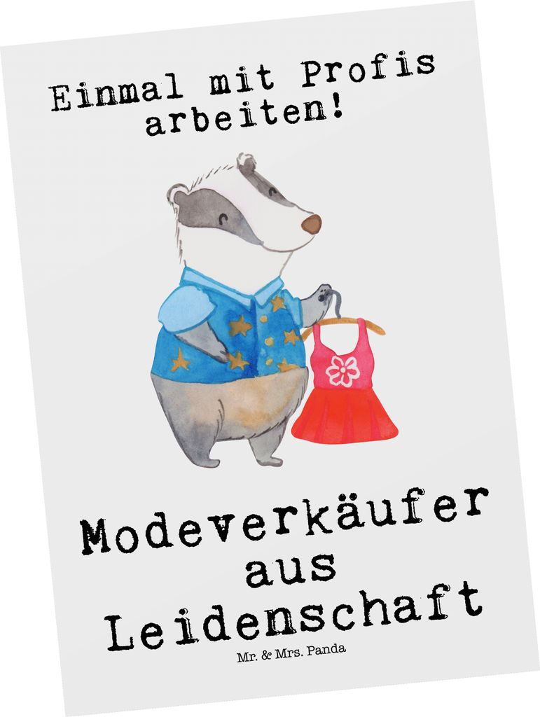 Mr. & Mrs. Panda Postkarte Modeverkäufer Leidenschaft - Weiß - Geschenk, Witzig, Verkäufer, Fashion Store, bildkarte, Ansichtskarten, Grußkarte...