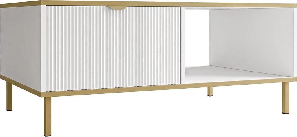 Table Basse pour Salon Moderne 100 cm Blanche et Dorée avec Rangement