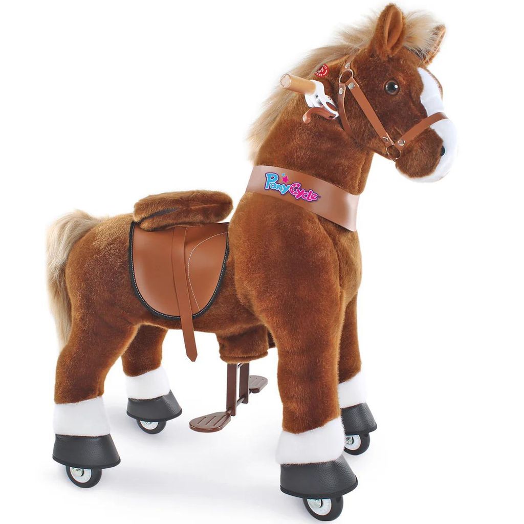 PonyCycle Reitpferd auf Rollen für Kleinkinder 4-7 Jahre mit Bremse und sound/Höhe Pony-Fahrradfahrt auf braunem Pferd Plüschtier Stofftier Ux424