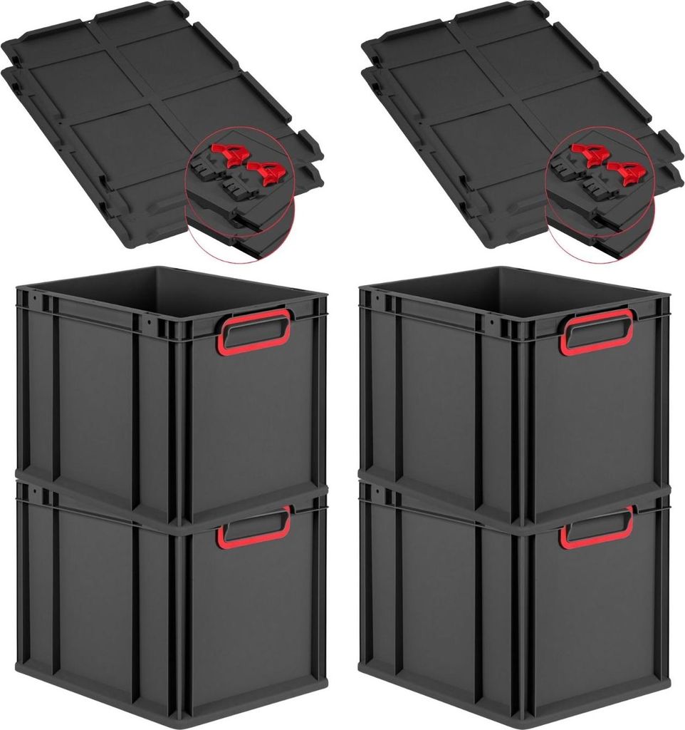 SuperSparSet 4x Eurobox NextGen Color mit Scharnierdeckel und Schiebeschnappverschlüssen | HxBxT 32x30x40cm | 30 Liter | Schwarz | Griffe rot gesc...