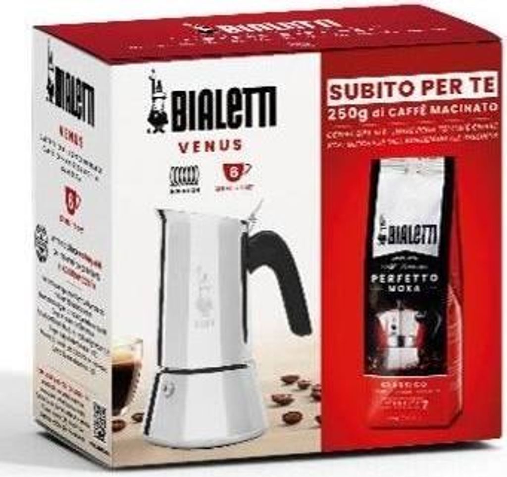 Italienische Kaffeemaschine + 1 Kaffee Perfetto Moka Classico BIALETTI VENUS 6 Tassen 0,30 l Packung mit 250 g Silber
