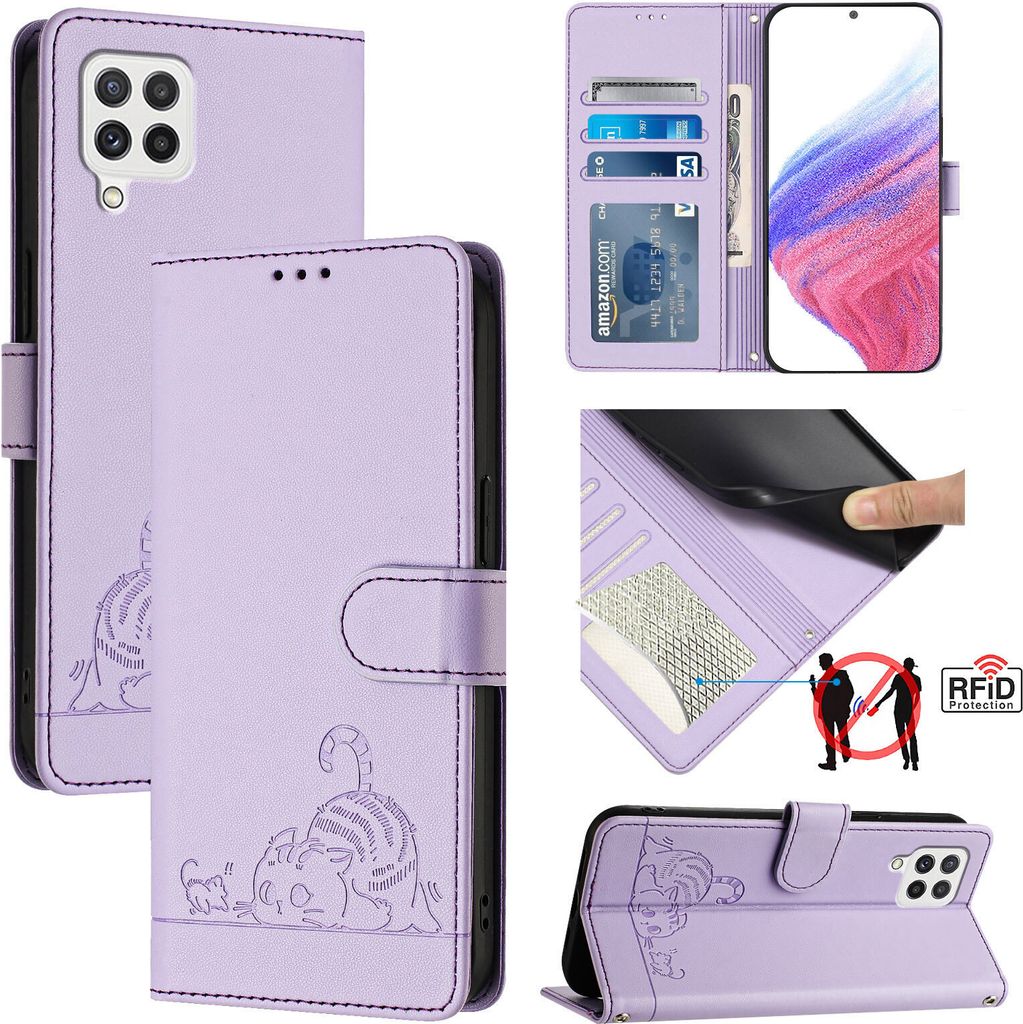 Leder Hülle für Samsung Galaxy A22 4G Süße Katze Flip Case Brieftasche Schutzhülle mit Standfunktion Lila