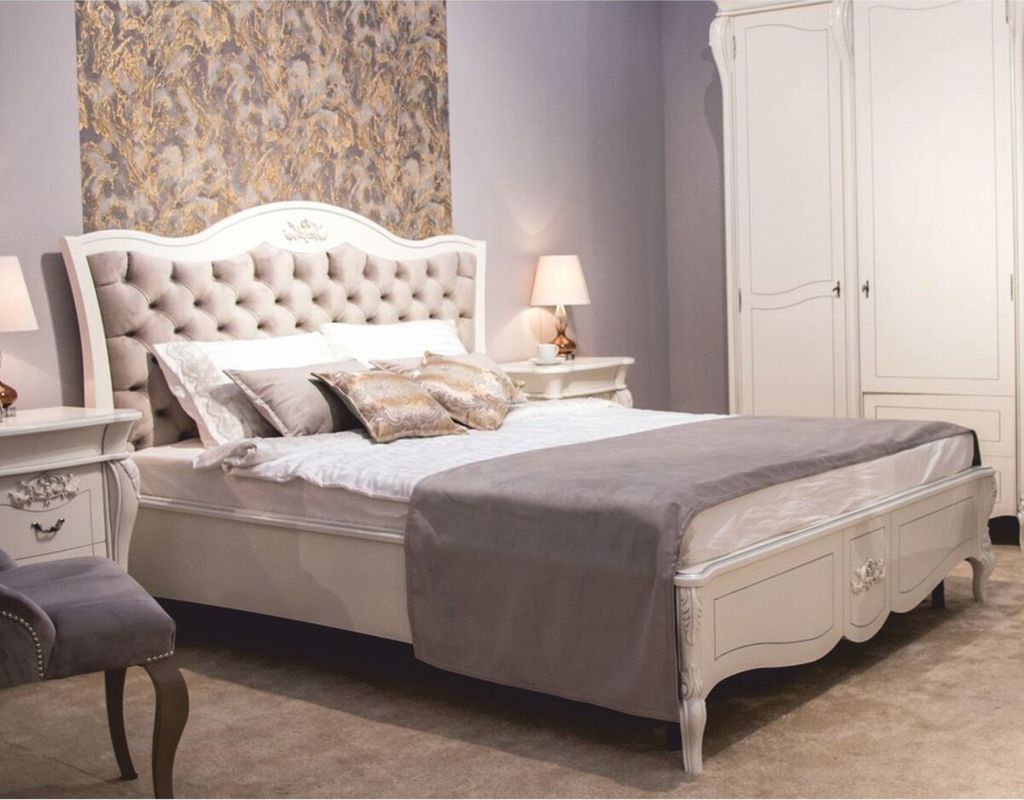 Casa Padrino Luxus Barock Massivholz Doppelbett Weiß / Grau - Barock Schlafzimmer Möbel