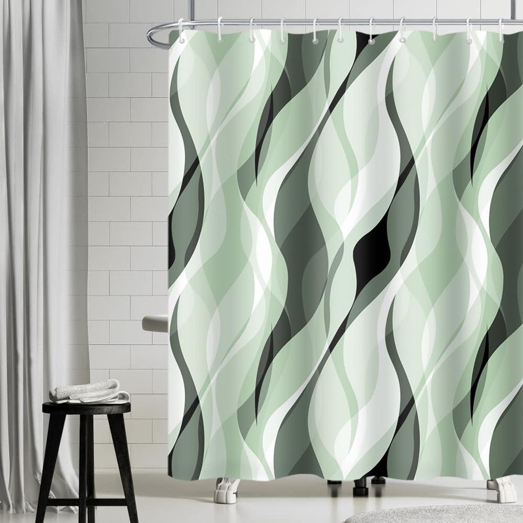 Grüner Duschvorhang, 180x180 cm, schimmelresistent, Stoff mit salbeigrünen Farbverlaufsstreifen, waschbar, wasserdichter Polyester-Badezimmervorh...