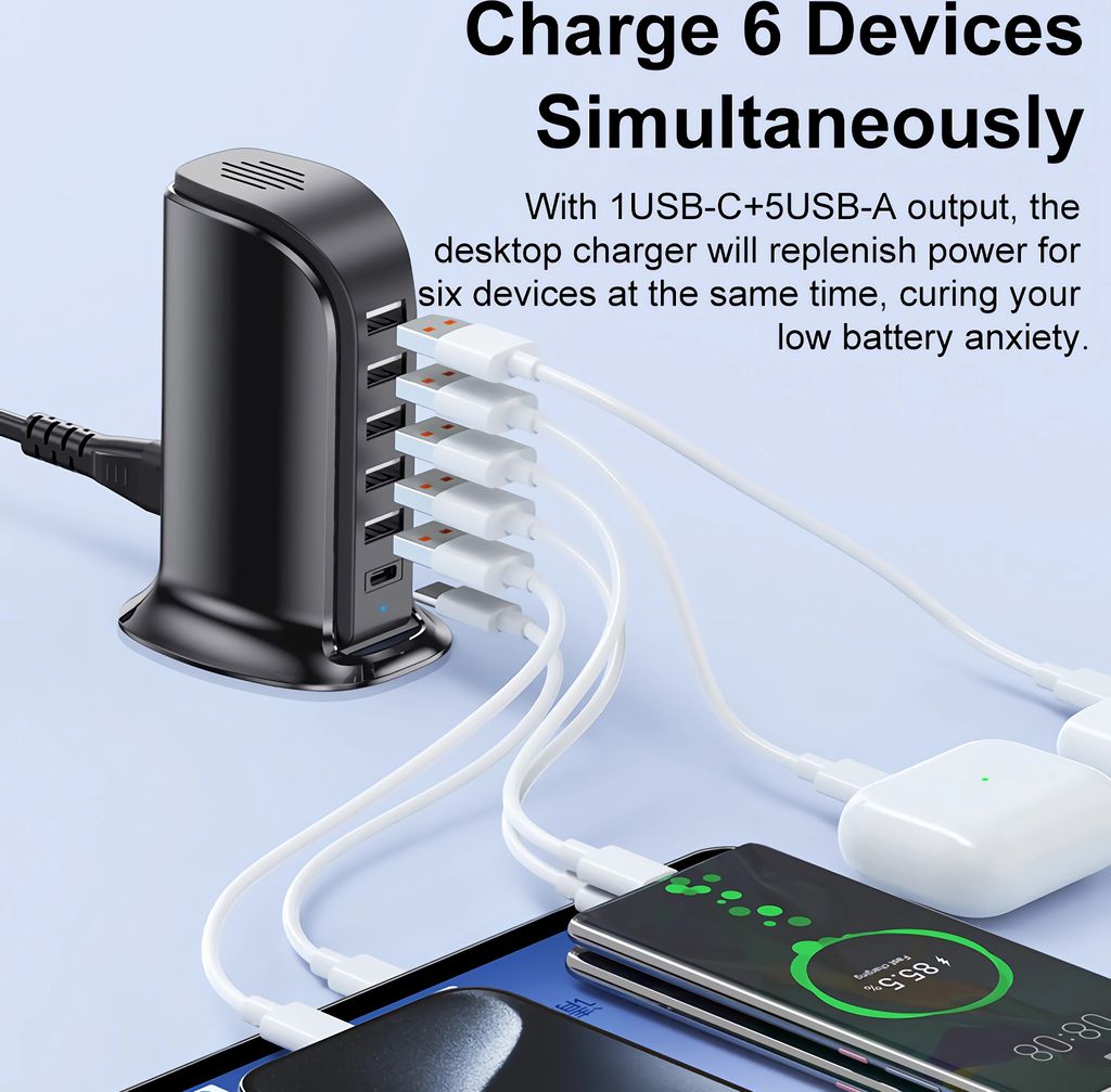 Bolwins 6-Port USB Ladegerät 30W – Mit Netzkabel, Für Handy, Tablet & Mehr, 100–240V EU-Stecker