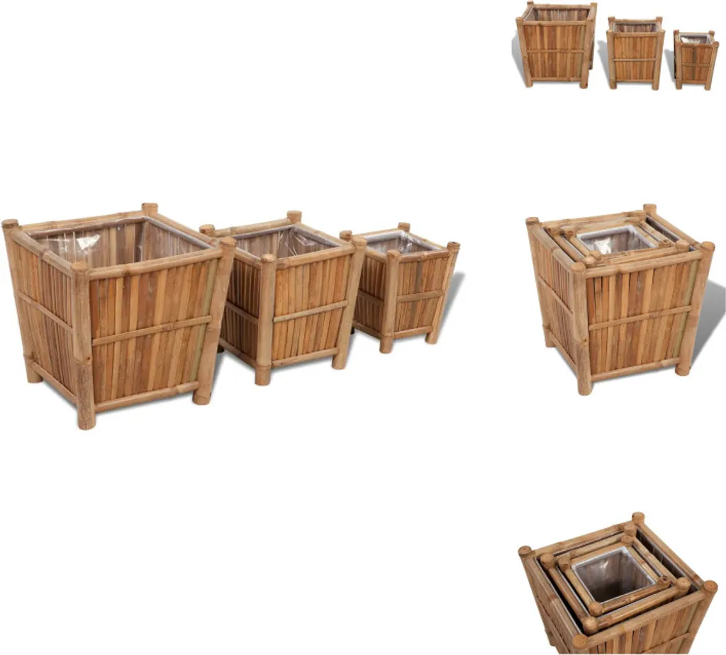 Jardinière en bambou pour balcon et intérieur - Pack de 3 bacs nylon