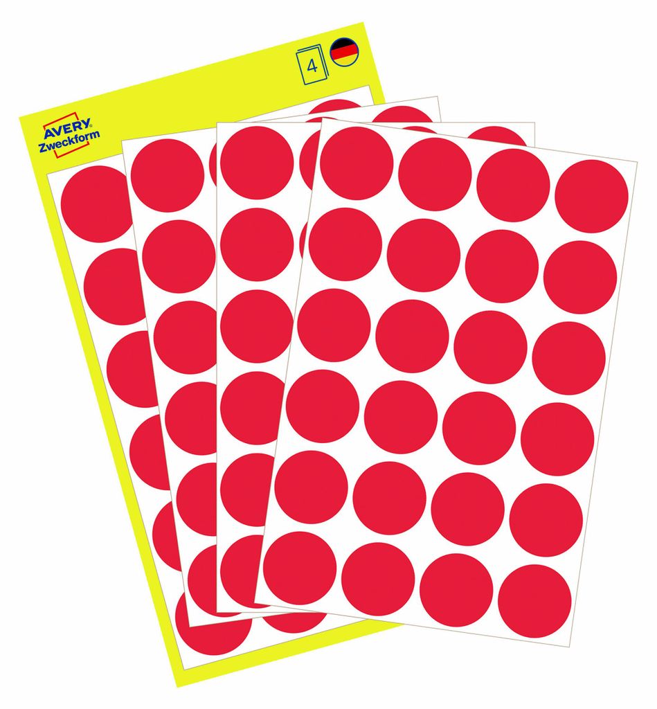 Sheets of red circular stickers on a yellow backing sheet.