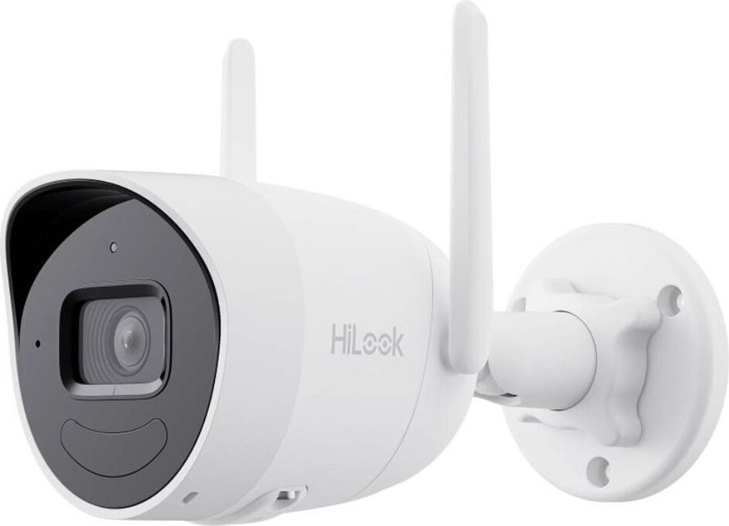 A white Hilook brand outdoor surveillance camera with two antennas is shown against a white background.