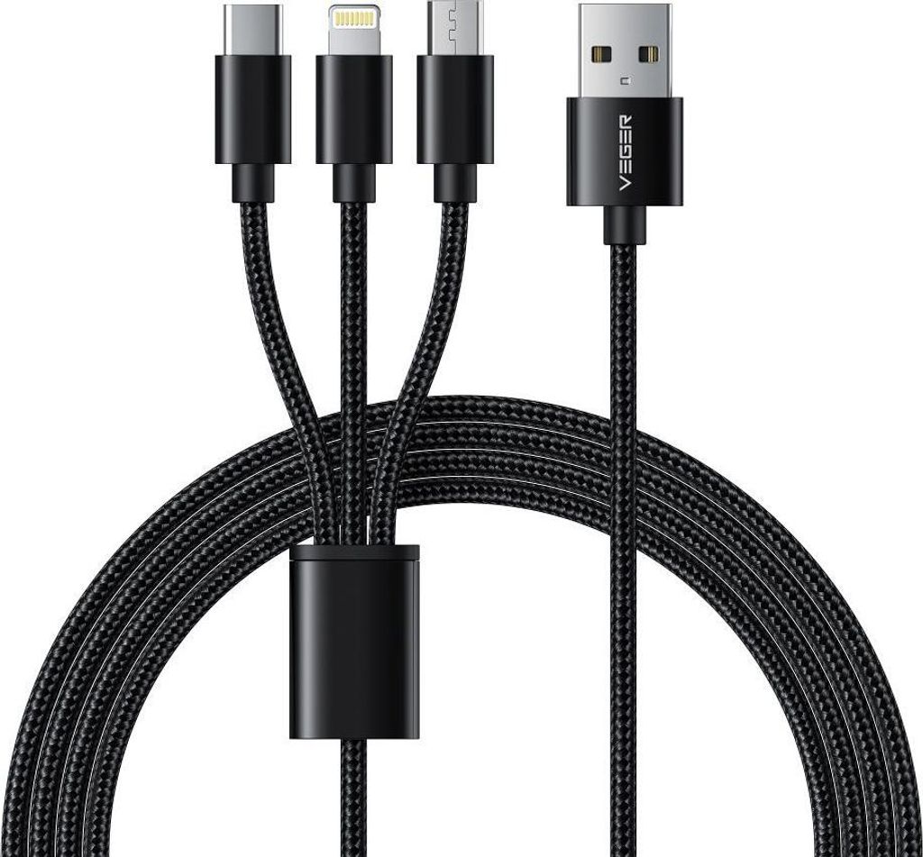 VEGER 3-in-1 USB auf Typ C + Apple Lightning 8-polig + Micro 2A Kabel V303 1,2m schwarz