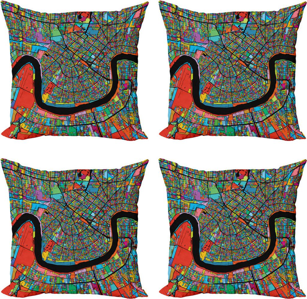 ABAKUHAUS New Orleans Kissenbezug Set (4 Stück), Bunte Stadtplan, Moderner Doppelseitiger Digitaldruck, 60 cm x 60 cm, Mehrfarbig