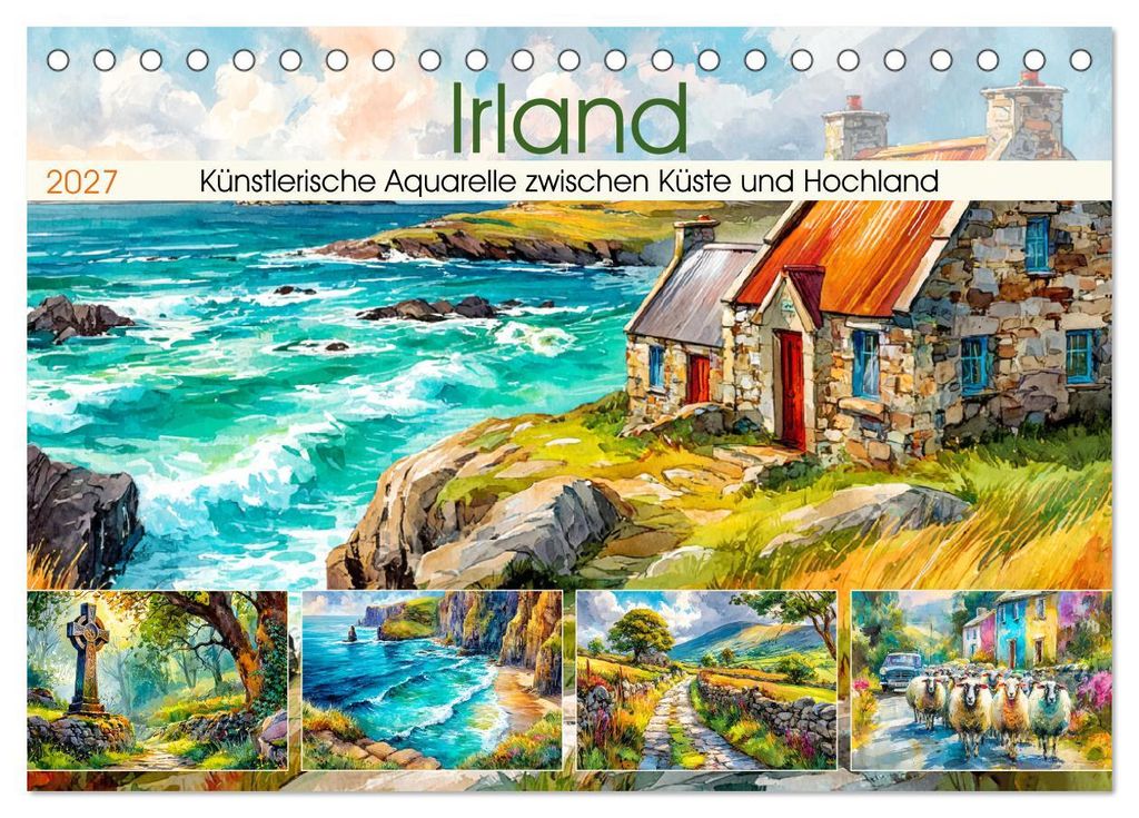 Irland. Künstlerische Aquarelle zwischen Küste und Hochland (Tischkalender 2027 DIN A5 quer), CALVENDO Monatskalender