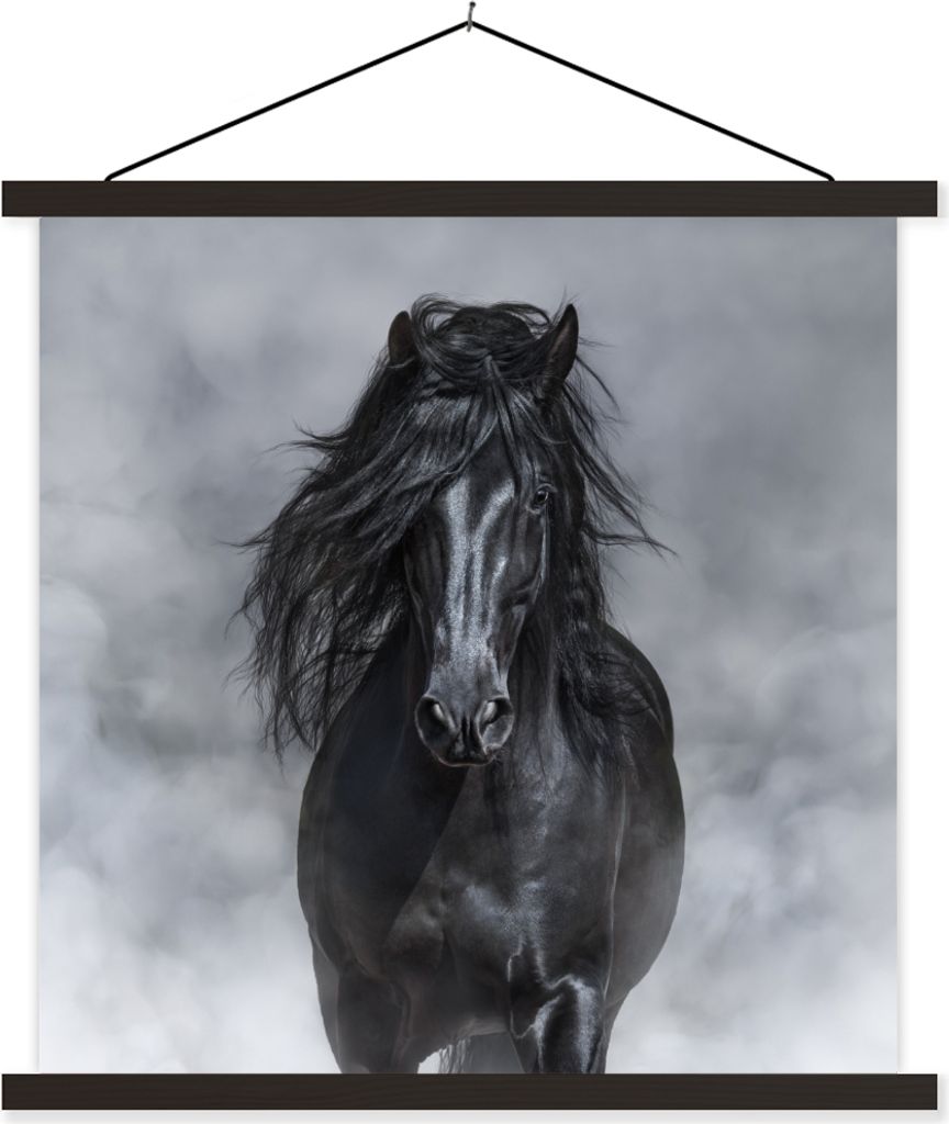 MuchoWow Textilposter Pferd - Schwarz - Smoke 120x120 cm mit schwarzem Rahmen - Aufhängungsset