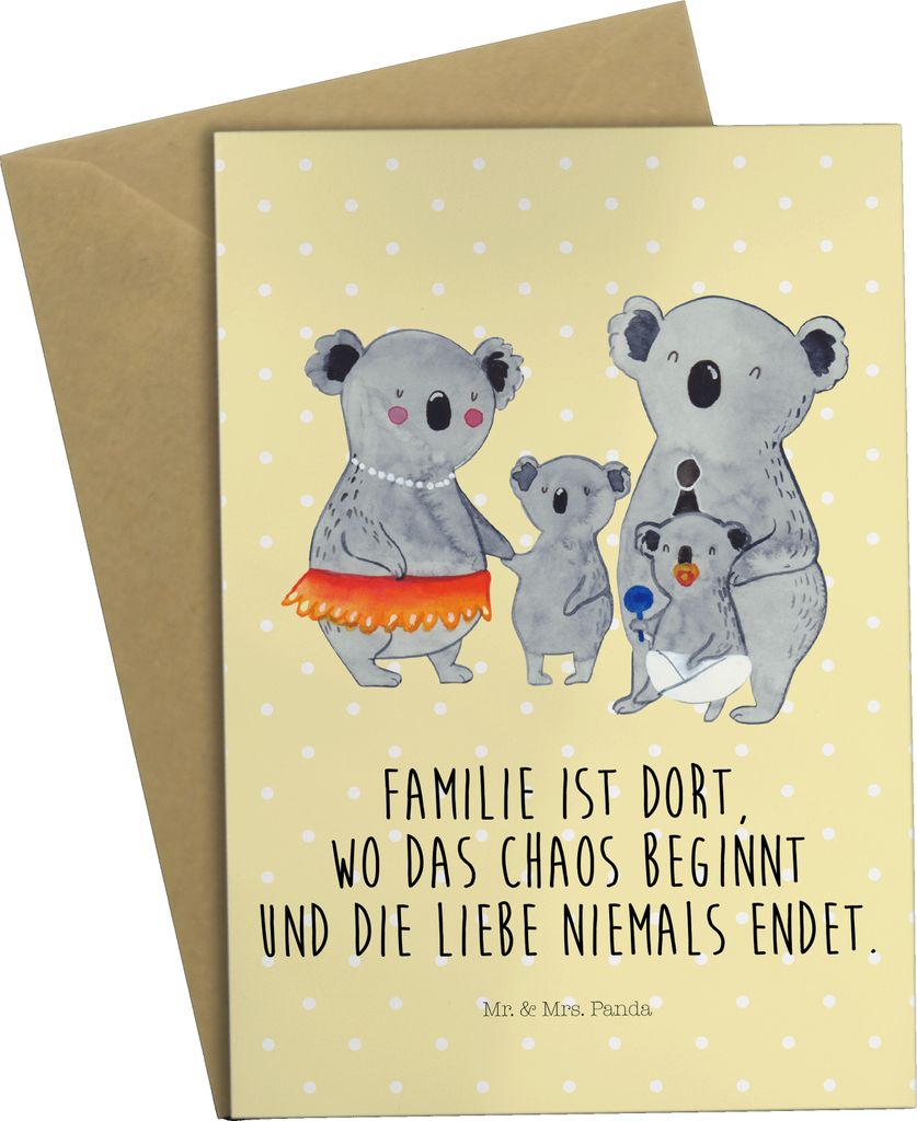 Mr. & Mrs. Panda neujahrskarte Koala Familie - Gelb Pastell - Geschenk, Muttertag, vatertagskarte, babykarte, einladungskarten, Papa, Geschwister, ...