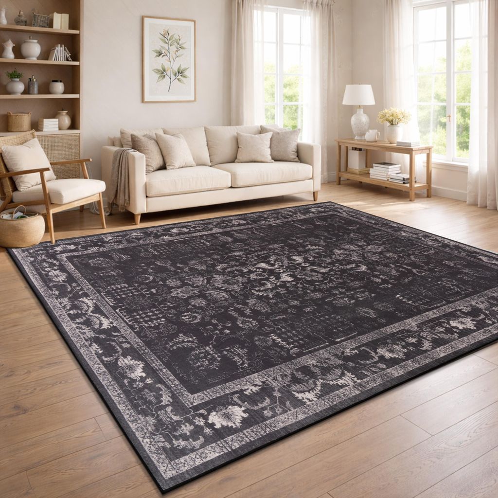 Vintage Boho moderner Wohnzimmerteppich Kurzflor waschbar rutschfest Anthrazit Grösse 240x340 cm