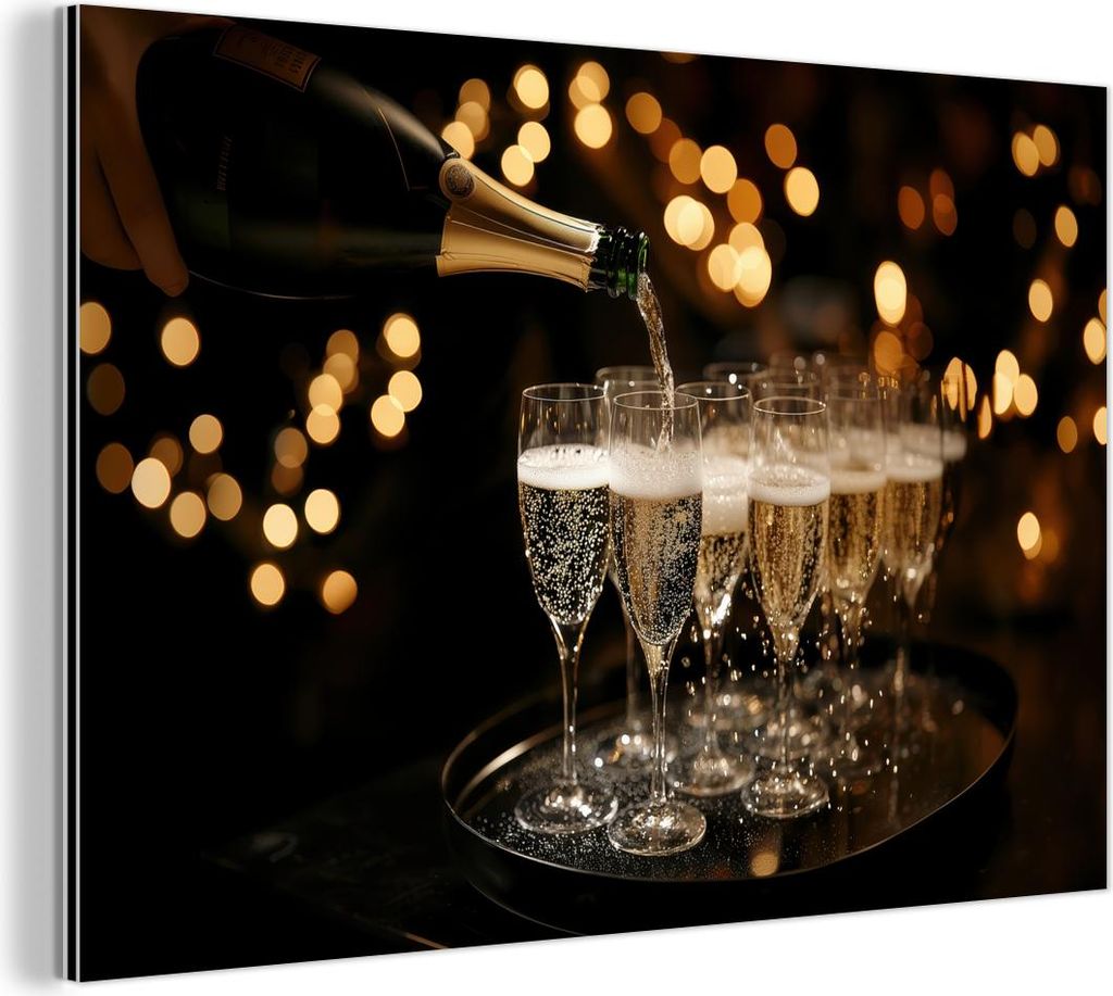 MuchoWow Wanddekoration Metall Metallbild Wandkunst 30x20 cm Lichter - Champagner - Tablett - Gläser MuchoWow Aluminium Gemälde - Aluminiumgemälder