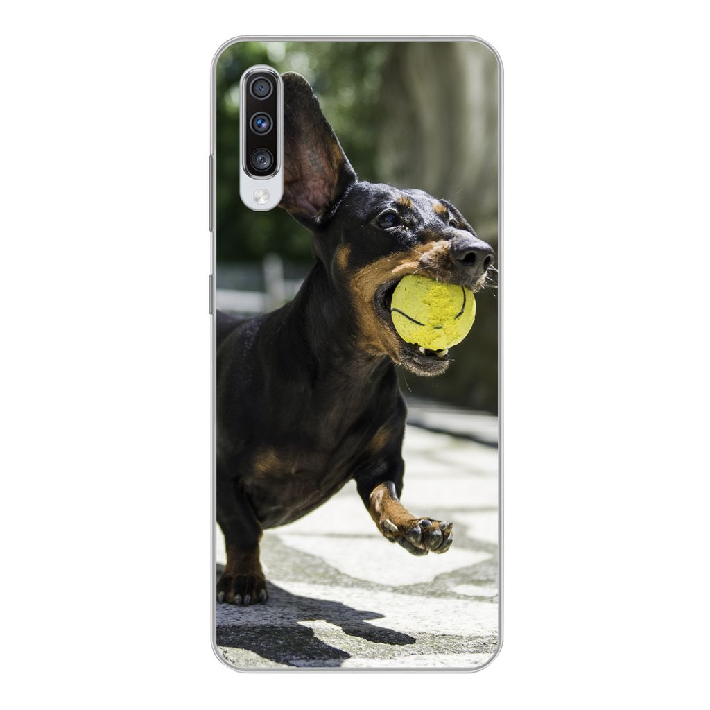 MuchoWow Handyhülle Schutzhülle Hülle für Samsung Galaxy A70 Ein schwarzer Dachshund mit einem Tennisball Silikon Softcase Handy Hülle - Sch...