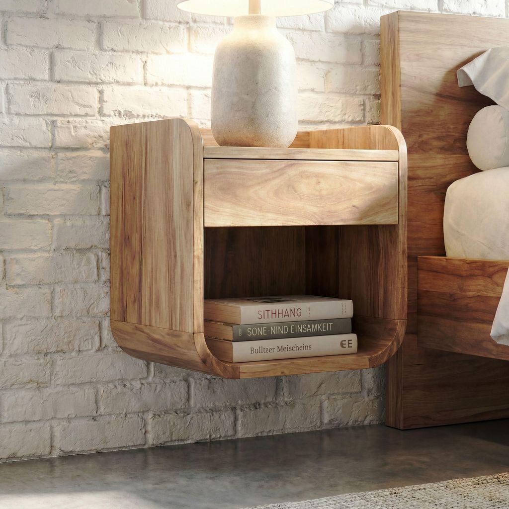 CONSOLE DE NUIT MURALE WOHNLING, 35x33 cm, en bois d'acacia Image du produit 