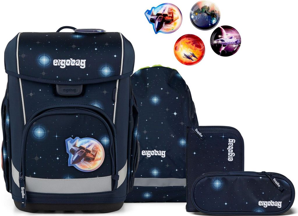 A set of school supplies with a space theme, including a backpack, a smaller backpack, and two pencil cases, along with decorative space-themed stickers.
