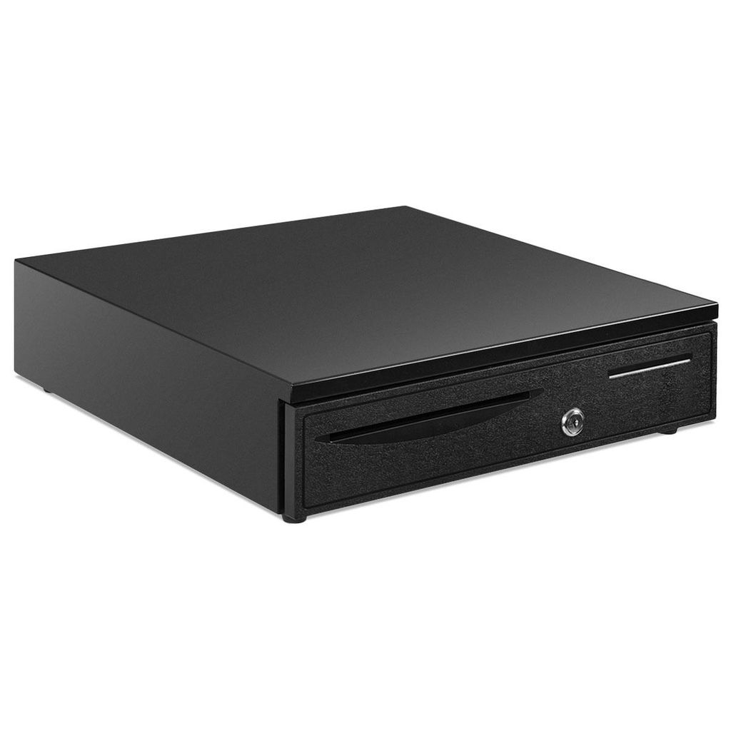 A black cash drawer with a key lock and a handle is shown from a three-quarter angle against a white background.