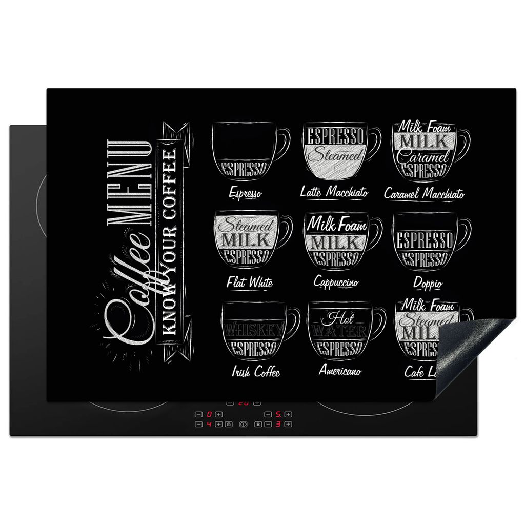 KitchenYeah Herdabdeckplatte Kaffee - Menü - Schwarz - Weiß , 76x51cm, Küche Deko, Glaskeramikkochfeld Herdabdeckung, Abdeckplatte fùr Kochfeld