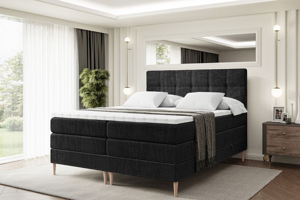 ALTDECOR Boxspringbett mit Holz Füßen, Matratze und Lattenrost, Topper, Polsterbett mit Bettkasten, Bett mit Stauraum H3- und H4- Matratze, Doppe...