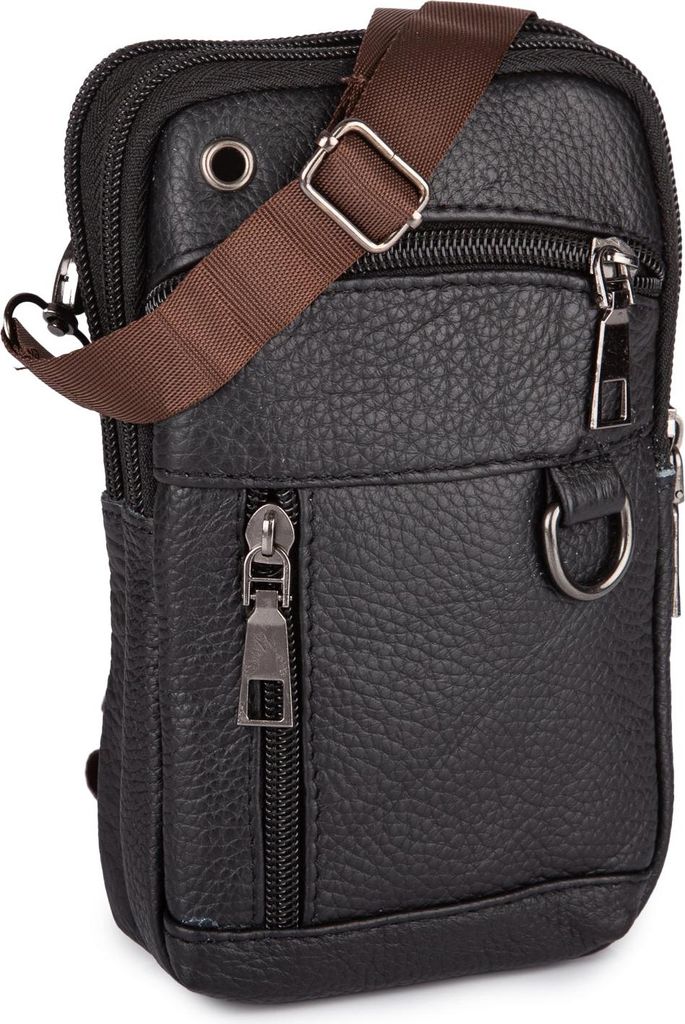 Halsbeutel Echtleder 2 Reißverschlussfächer Verstellbarer Abnehmbarer Gurt Dokumententasche Schwarz