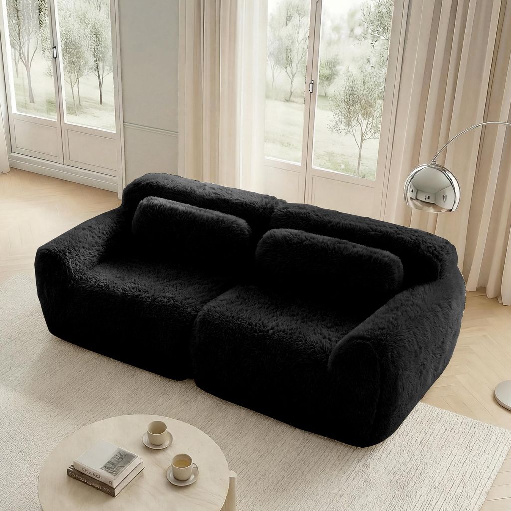 MODFU Zweisitzer Ecksofa,Modulares Sofa mit Geschwungene,ohhne Ottoman,Relaxsofa mit Rutschfester Boden & Kissen,Plüschstoff,Schwarz