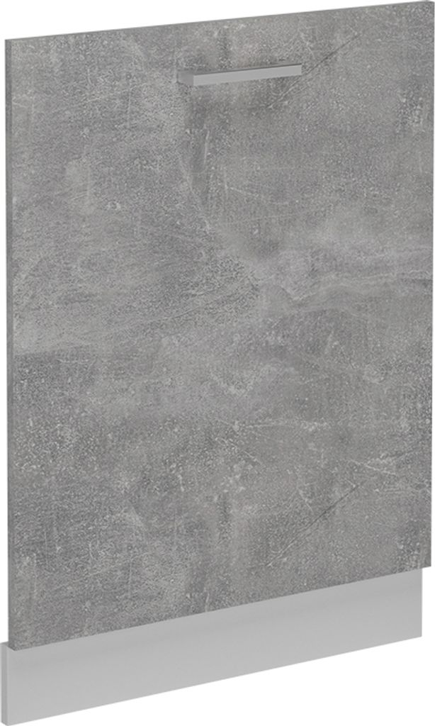 A close-up, front-facing view of a dishwasher front panel with a concrete-like texture and a white base.