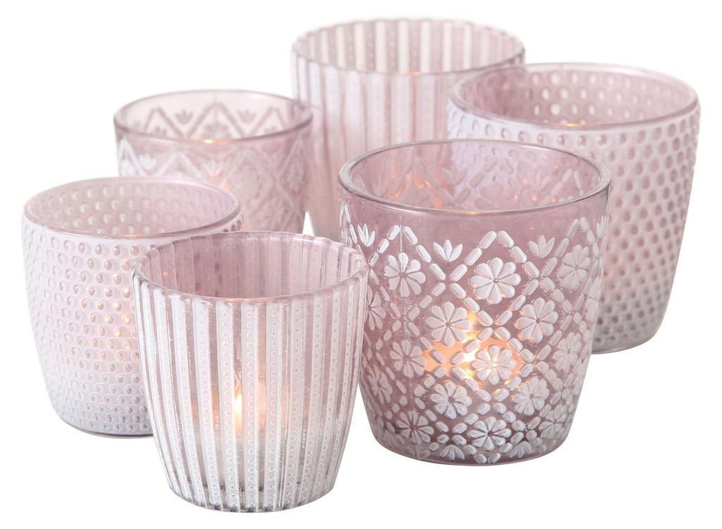 Windlicht Patty Glas helllila weiß matt H 7/9 cm 6 teilig Produktbild 