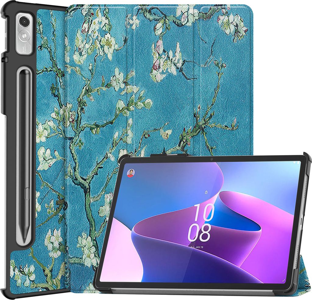 Case2go - Hülle kompatibel mit Lenovo Tab P11 Pro 2nd Gen - Mit AutoWake-Funktion - Kunstleder TPU Tablet Case Schutzhülle - Weiße Blüte