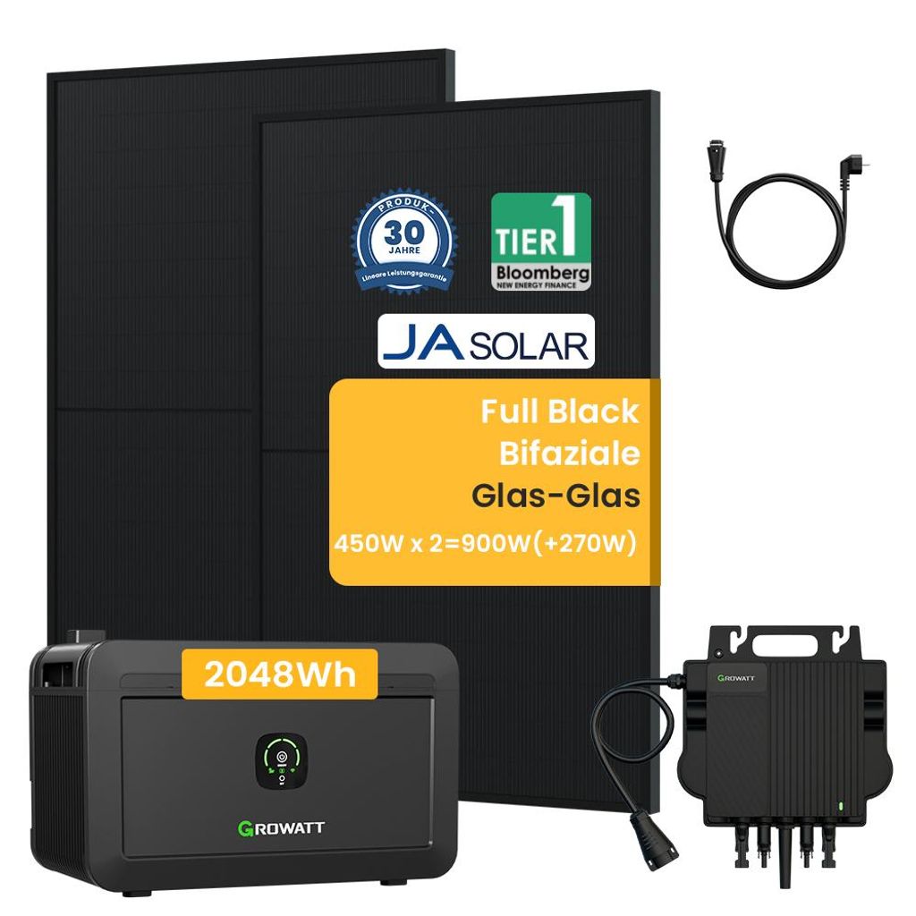Powerness Balkonkraftwerk mit Speicher, Growatt NOAH 2000 Speicher mit 900W JA Solar Bifazial Solarmodule und Growatt NEO-800M-X Mikrowechselrichter