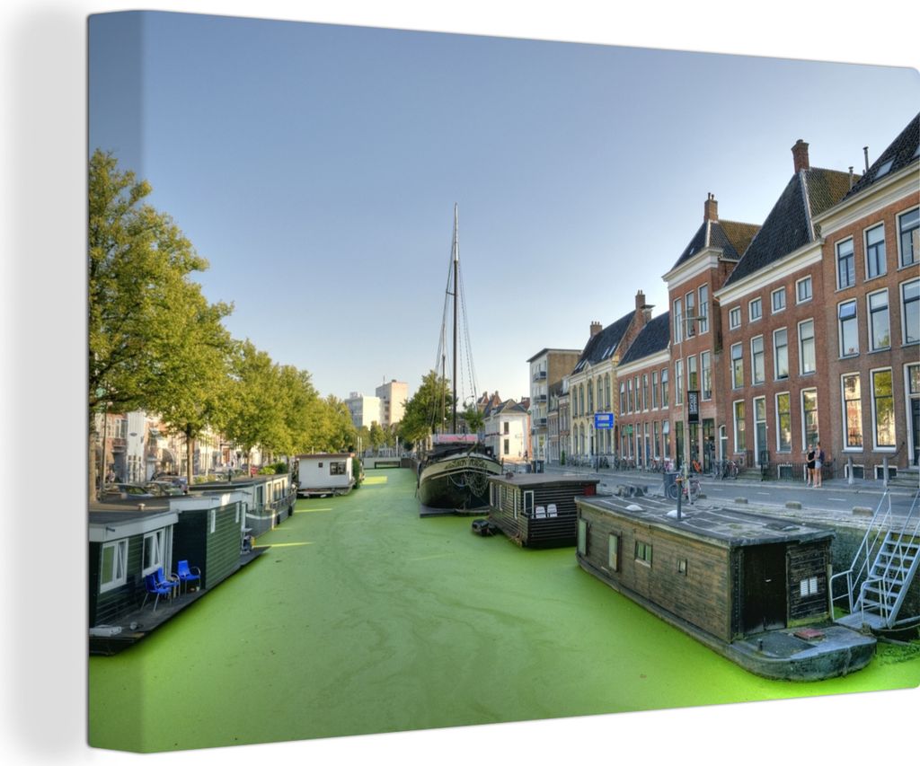 OneMillionCanvasses - Leinwandbilder - 140x90 cm, Groningen - Grachtenhaus - Wasser, Wandbilder Kunstdruck Wanddekoration - Foto auf Leinwand - G...