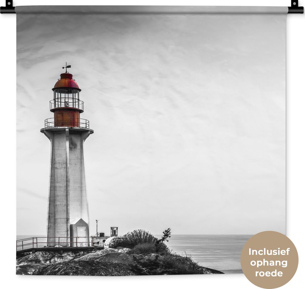 MuchoWow Wandteppich Wandbehang Schwarz-Weiß-Foto eines Leuchtturms im Westen von Vancouver 60x60 cm Tapisserie Dekoration Wandtuch - Dekoration...