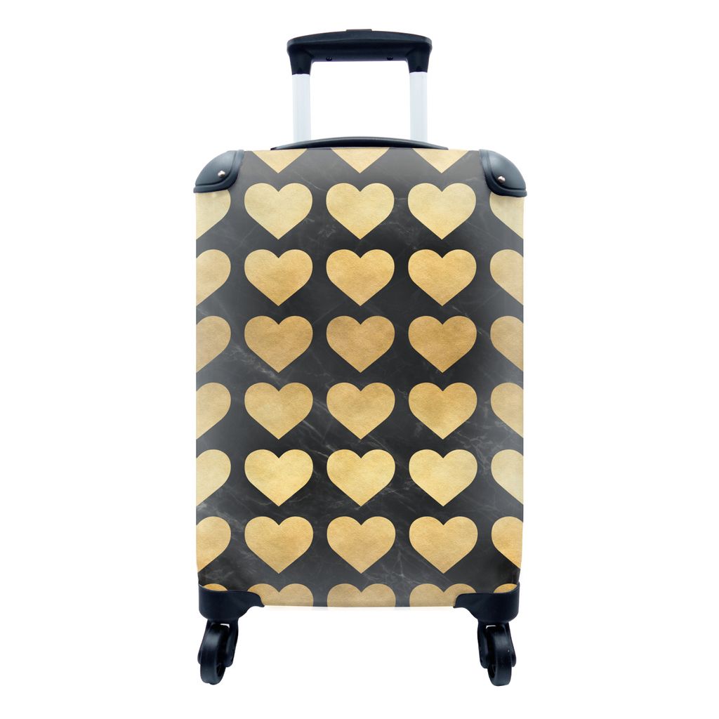 MuchoWow Koffer Handgepäck Trolley Rollkoffer Kleine Reisekoffer mit 4 Rollen - Muster - Herz - Gold - Schwarz - Cabin Size < 55x40x23 cm & 55x4...