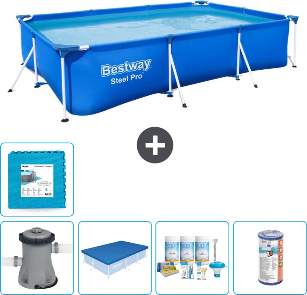 Bestway Rectangular Steel Pro Swimmingpool – 300 x 201 x 66 cm – Blau – inklusive Pumpe Abdeckung - Wartungspaket - Filter - Bodenfliesen