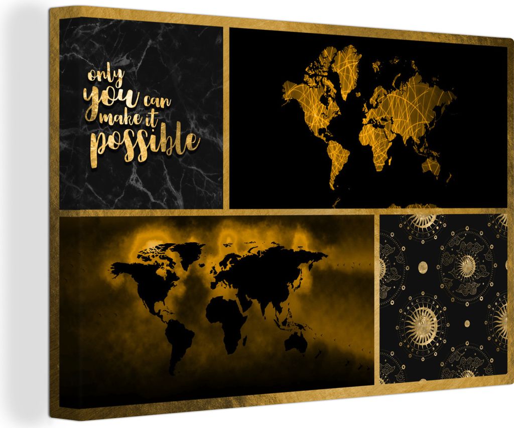 OneMillionCanvasses - Leinwandbilder - 140x90 cm, Weltkarte - Collage - Luxus - Gold, Wandbilder Kunstdruck Wanddekoration