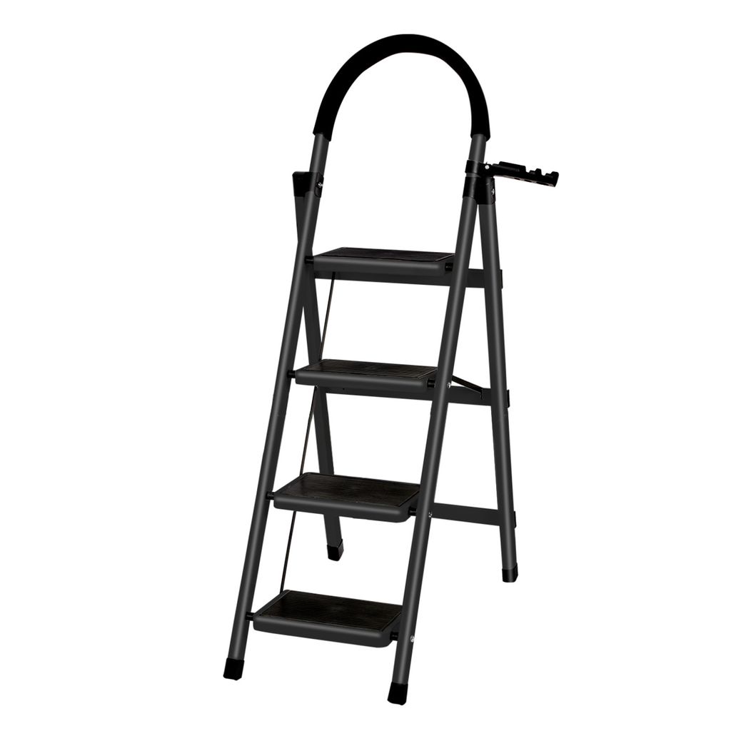 A black step stool with four steps and a handrail against a white background.