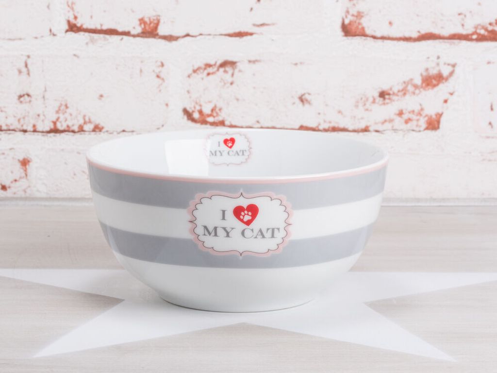 Krasilnikoff Müslischale I LOVE MY CAT hellgrau Streifen weiß Herz rot