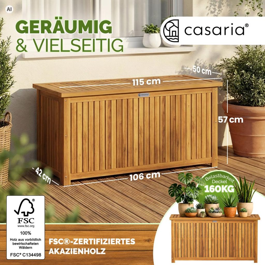 CASARIA Gartenbox aus Holz, mit Innenplane, Sitzfunktion