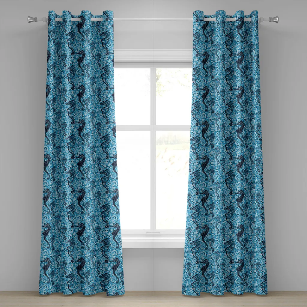 ABAKUHAUS Tenda con occhielli con motivi animali, mosaico di piastrelle, mondo marino, vita marina, creature marine, stampa grafica, tende decorative a 2 pannelli, 280 cm x 175 cm, turchese