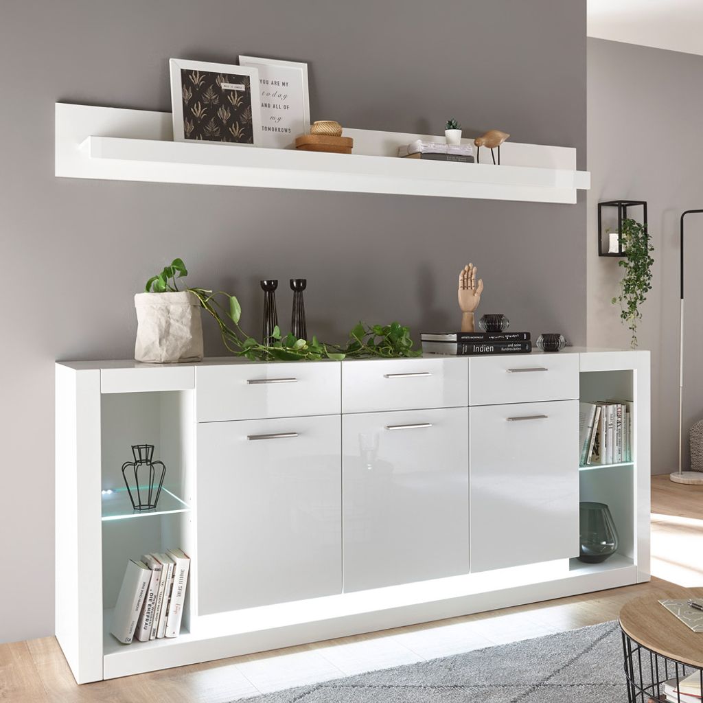 Modernes Design Sideboard & Wandboard Set MAILAND-61 in Hochglanz weiß inkl. LED-Beleuchtung, B/H/T: 198/123/43cm
