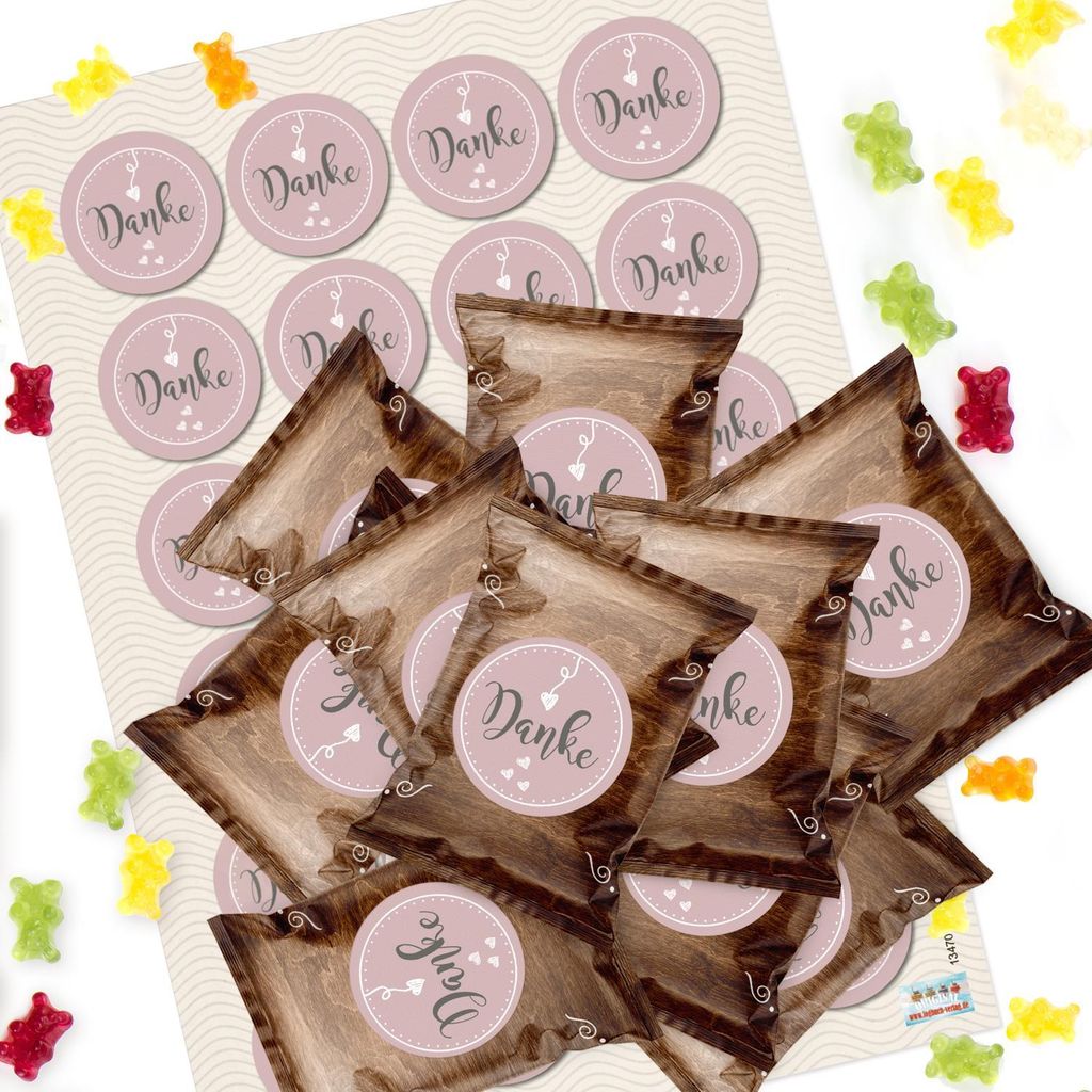 24 kleine Gummibärchen DANKESCHÖN Geschenke für Kollegen Gäste Kunden Kinder - rosa braun