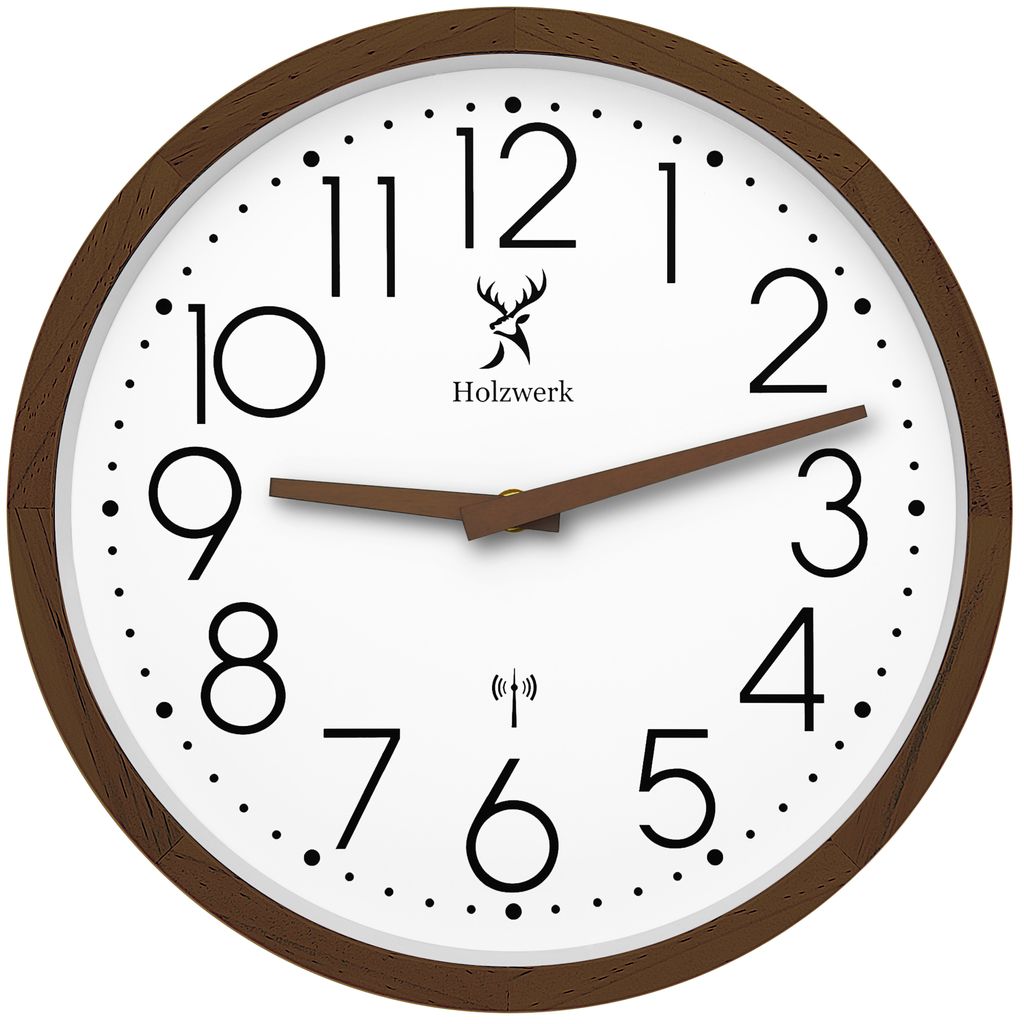 A close-up view of a modern wall clock with a wooden frame.