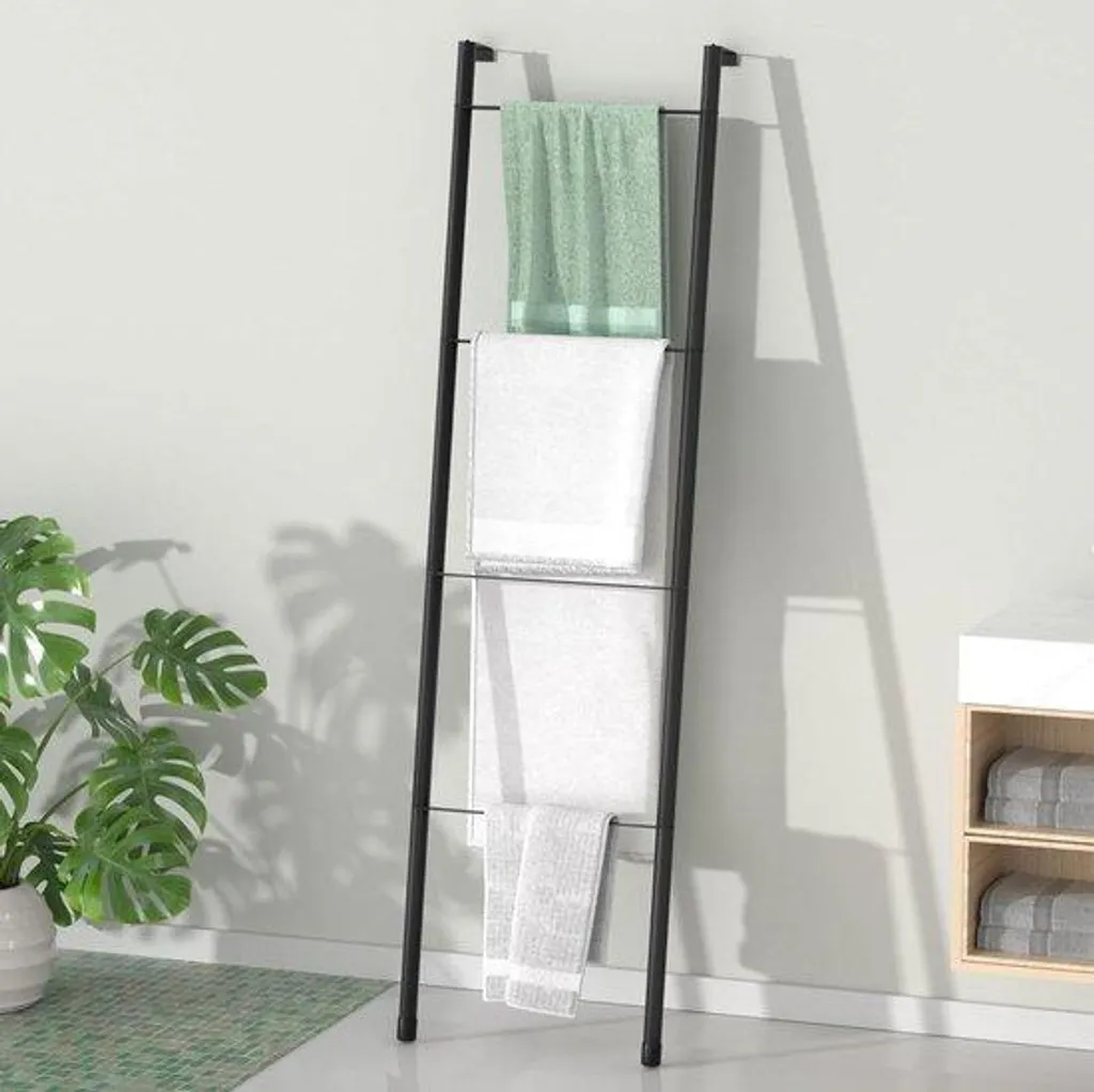 Rangement serviettes sans perçage - Échelle murale métal noir pratique - 2