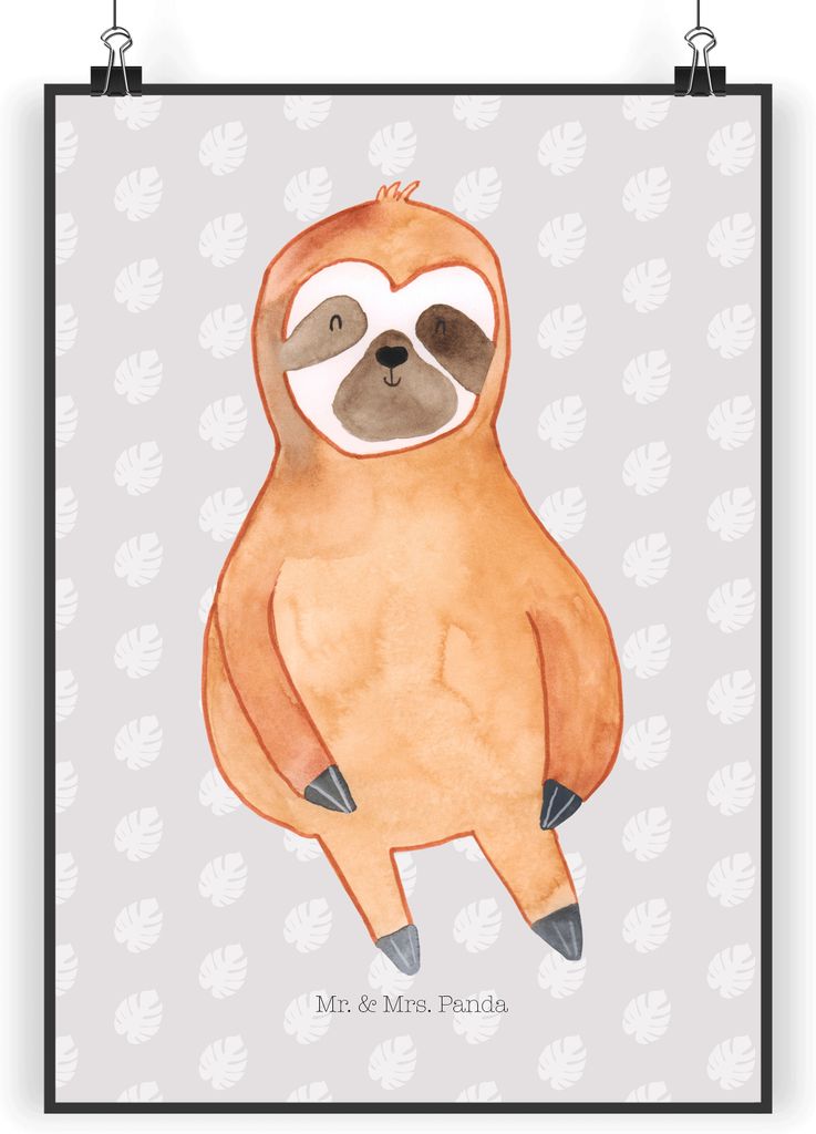 Mr. & Mrs. Panda Bild Faultier Zufrieden DIN A5 - Grau Pastell - Geschenk, drucke, wanddeko, Glück, Frieden, Plakat, Kunstdruck, Happy, Wandbild