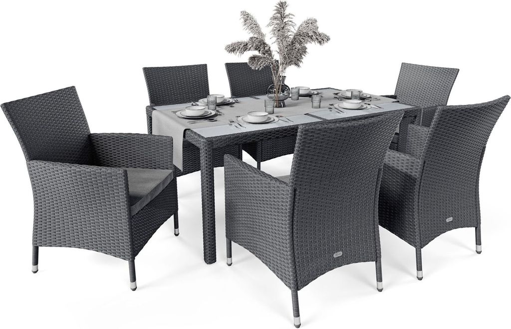 di volio Gartenmöbel-Set VERONA - Essgruppe Garnitur aus Polyrattan, robuste Sitzgruppe - Tisch mit Glasplatte + 6 Stühle, Terrassenmöbel Lounge...