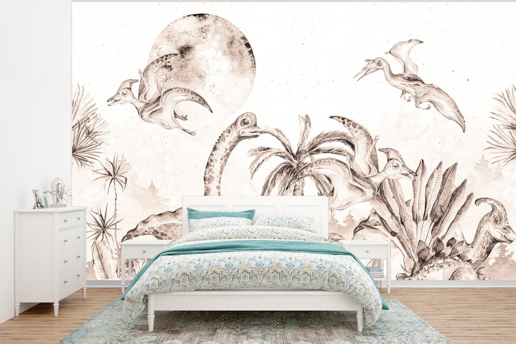 MuchoWow Fototapete für Wohnzimmer oder Schlafzimmer Wandtapete Vinyl Motivtapete Dino - Kinder - Dschungel - Pflanzen - Kinder - 295x220 cm - K...